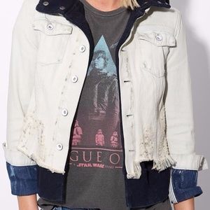 Free People Distressed Denim Double Layer Hooded Jacket in Ivory